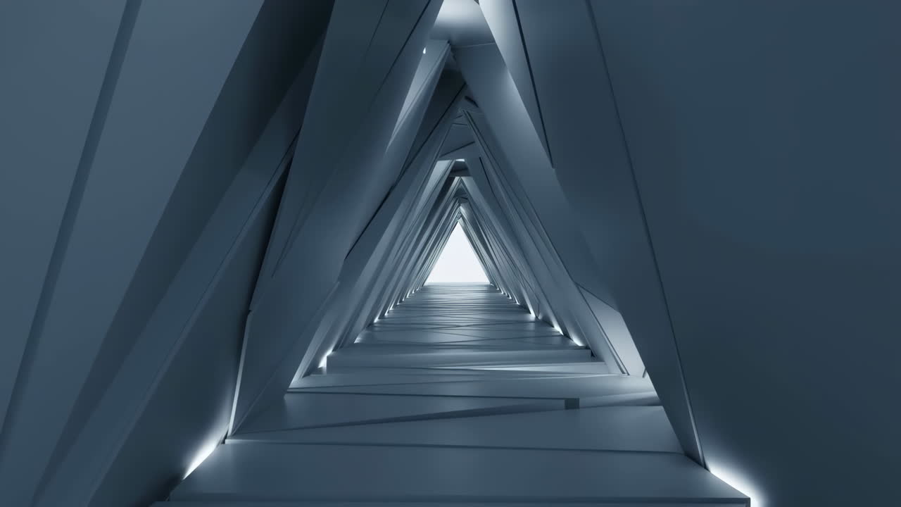 Gennem en futuristisk abstrakt trekantet tunnel med skarpt lys