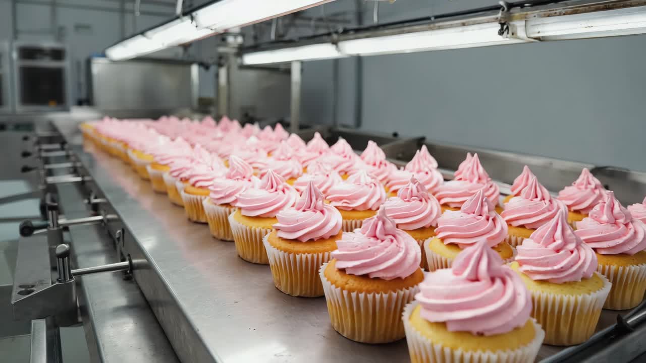 Cupcakes with Pink Frosting on a Conveyor Belt