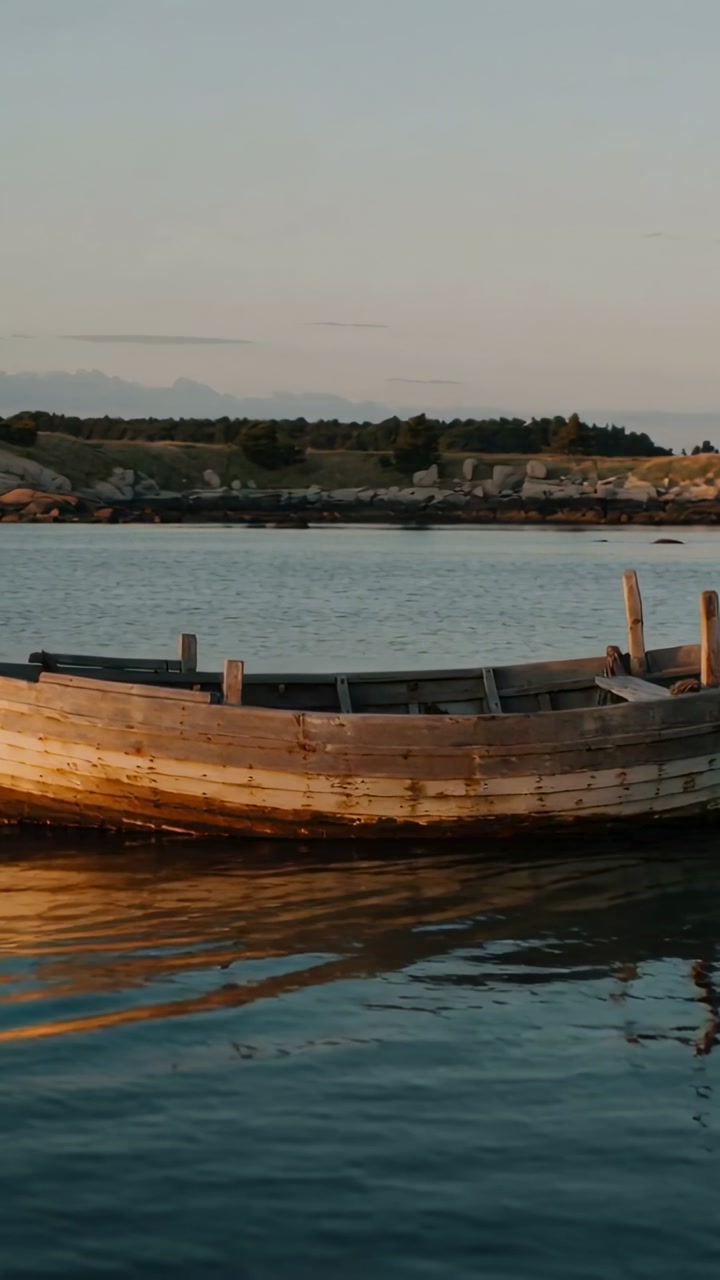 Vertical video: Light breeze lifting ripples, worn wooden rowboat bobbing moored near posts in cove