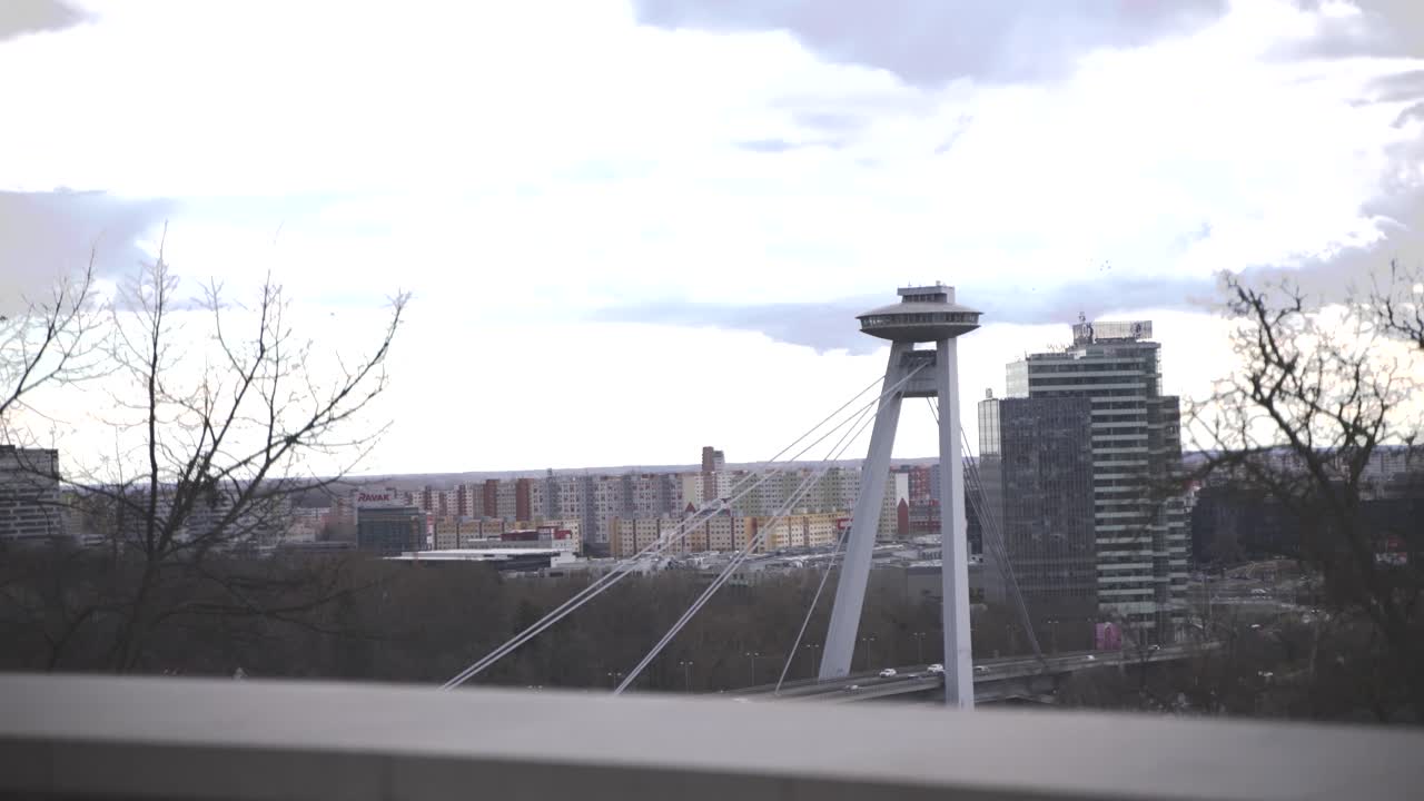 View of UFO Tower bridge over Danube in Bratislava city, Slovakia