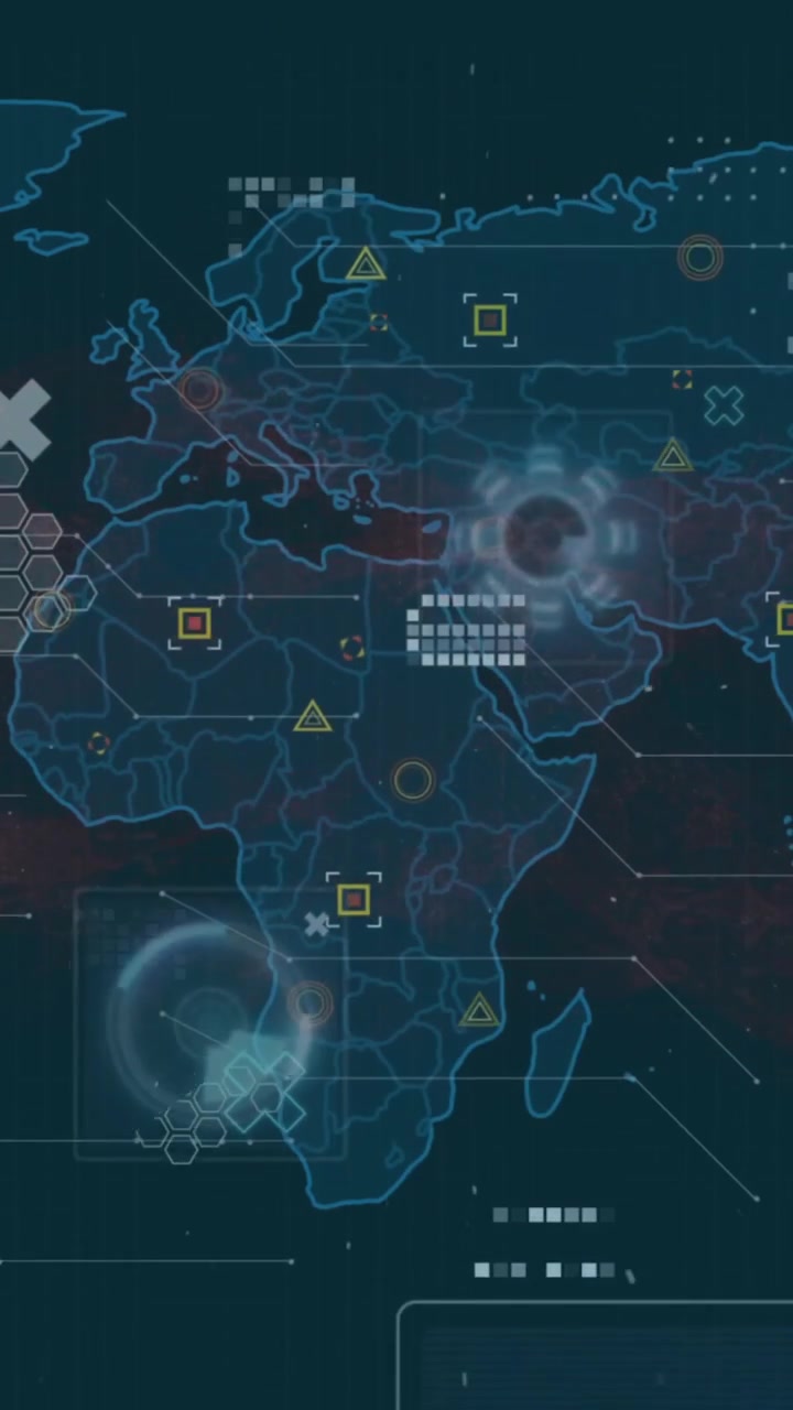 Animation of digital data processing over world map on dark background