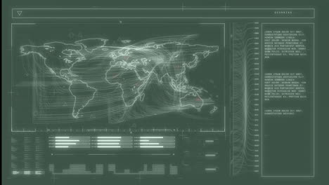 Animation-of-data-processing-with-world-map-on-green-background