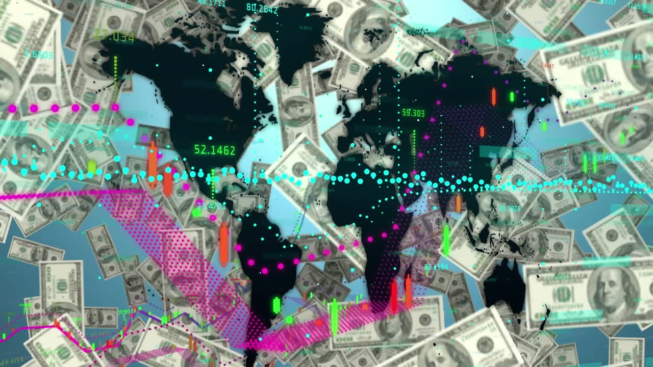 지도 위의 여러 그래프와 파란색 배경에 떨어지는 달러 지폐의 애니메이션