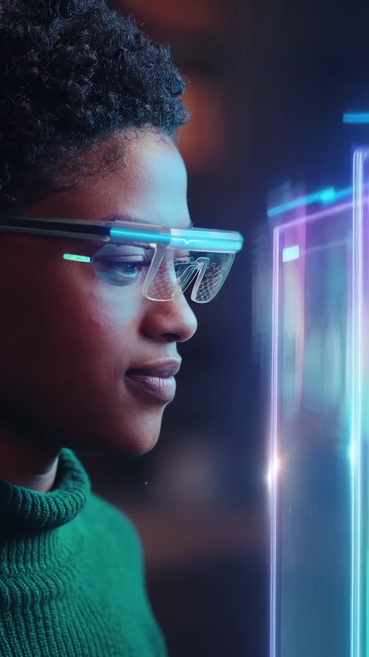 Donna con interfaccia di realtà aumentata in un ufficio moderno