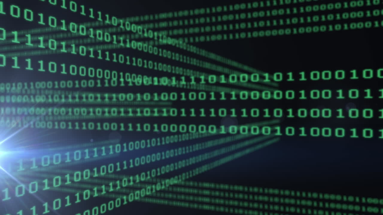 Animation of light trails and binary code on black background