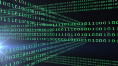 animation of light trails and binary code on black background
