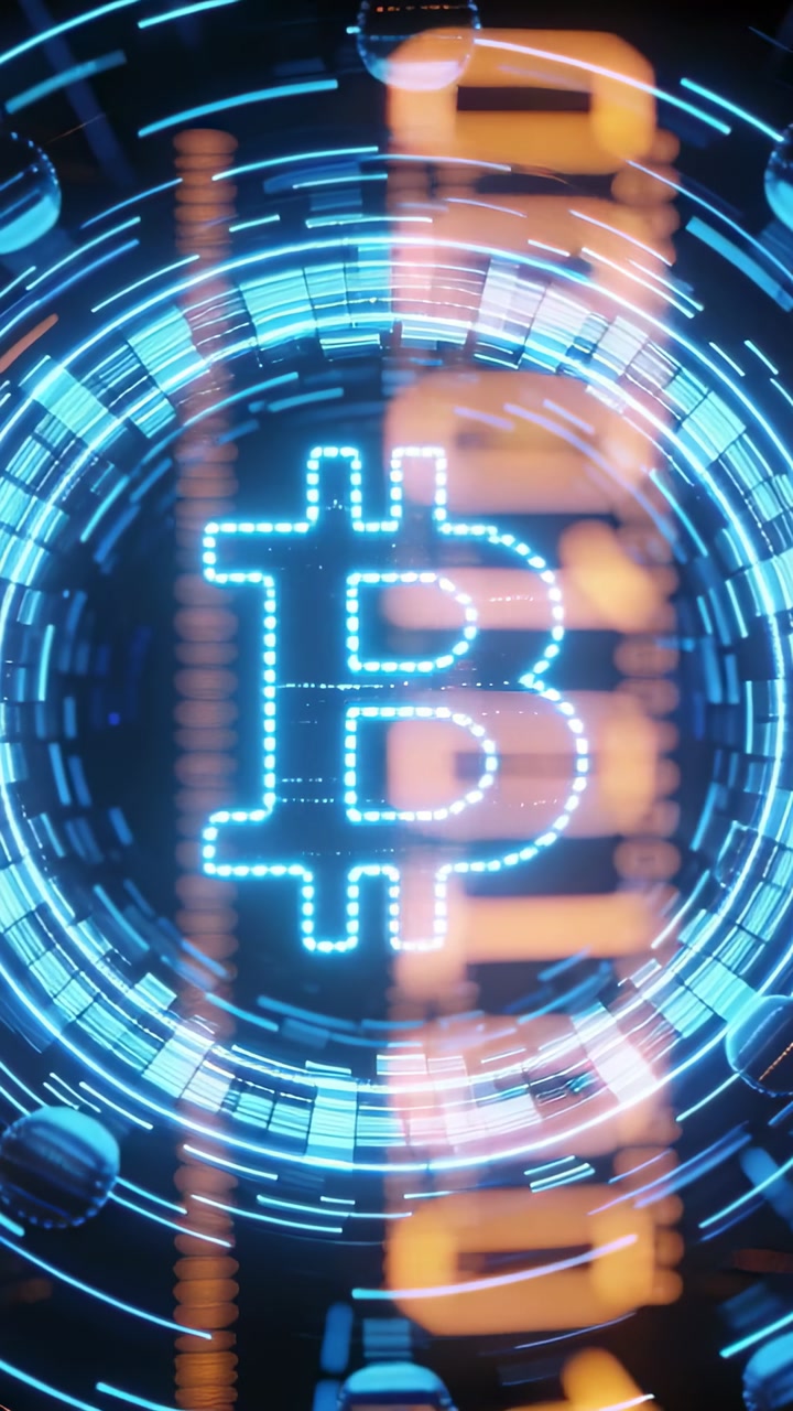 Vertical video: On start pulsing blue Bitcoin icon in HUD, with rotating ring and scrolling ticker