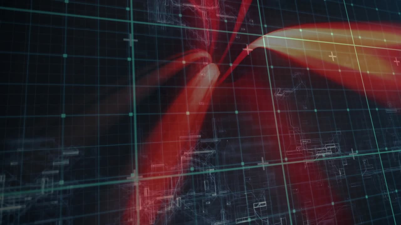 Red-orange ribbons converging into central knot, pulsing, unfurling, showing data on teal grid HUD