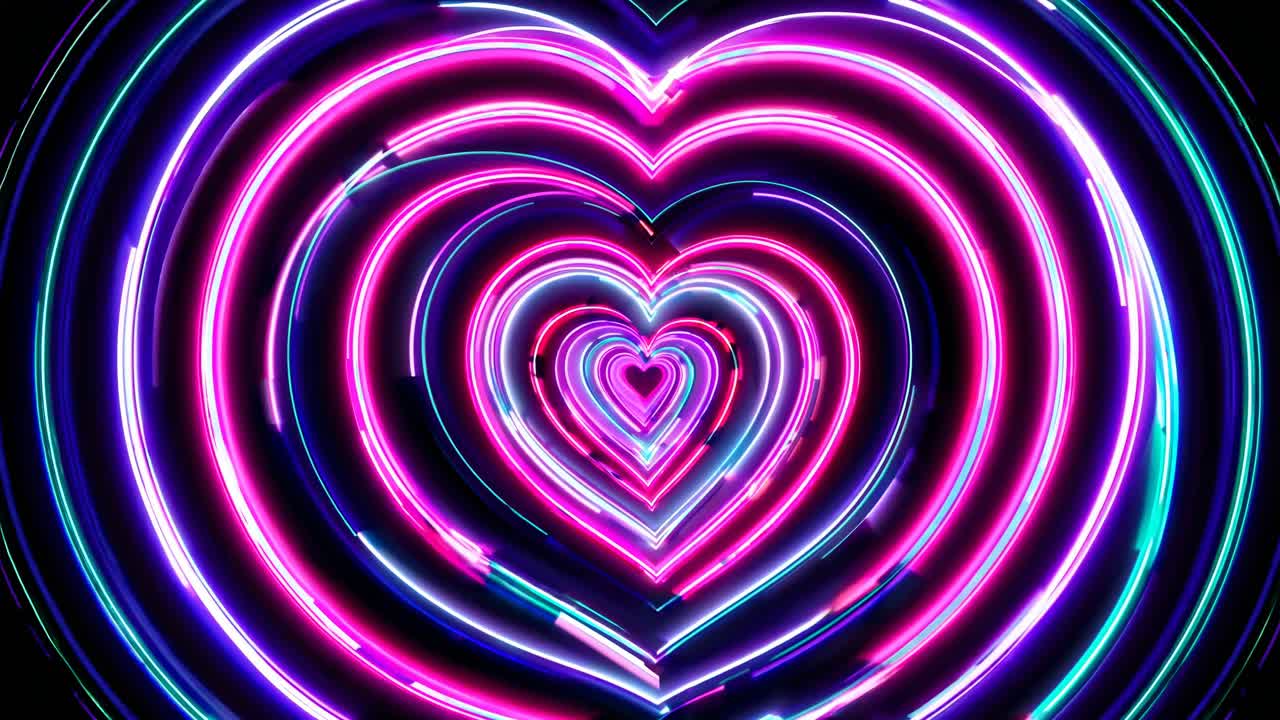 A vibrant video of neon heart shapes in a tunnel effect, viewed from a central angle