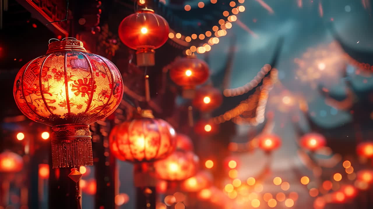 Festive lanterns light up the night sky. Bright red lanterns hang from structures, illuminating a vibrant street decorated for a nighttime festival celebration