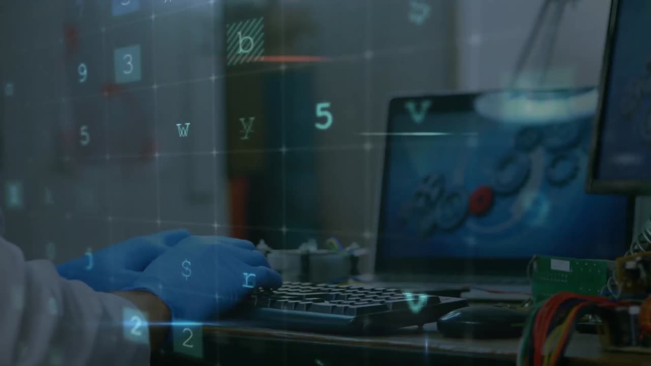 animación de advertencia de ataque cibernético sobre un científico que usa una computadora