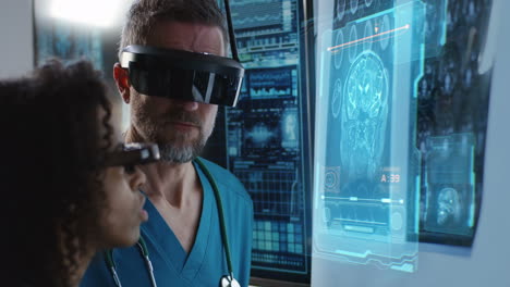 medical professionals using vr headset for brain scan consultation