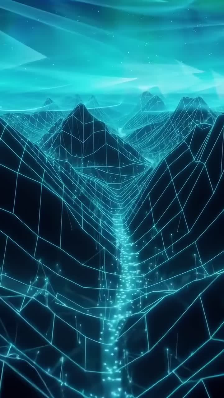 Futuristic video landscape with wireframe mountains, top-down angle, glowing grid lines