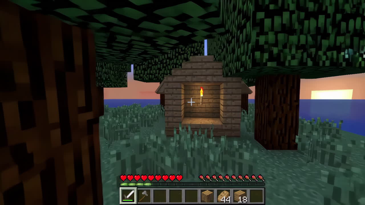 Minecraft Wooden Cabin on Island at Sunrise/Sunset