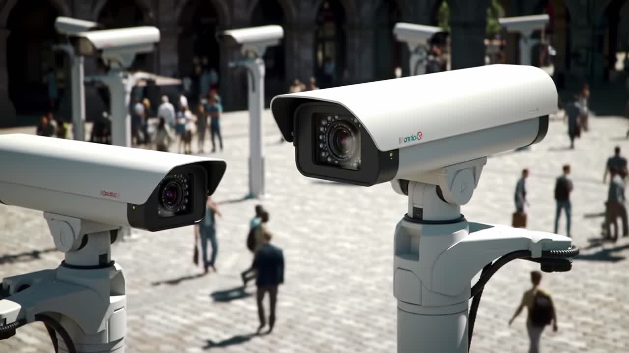 Telecamere di sorveglianza che riprendono un trafficato spazio pubblico, catturando filmati di pedoni e attività, evidenziando la moderna tecnologia di sicurezza negli ambienti urbani