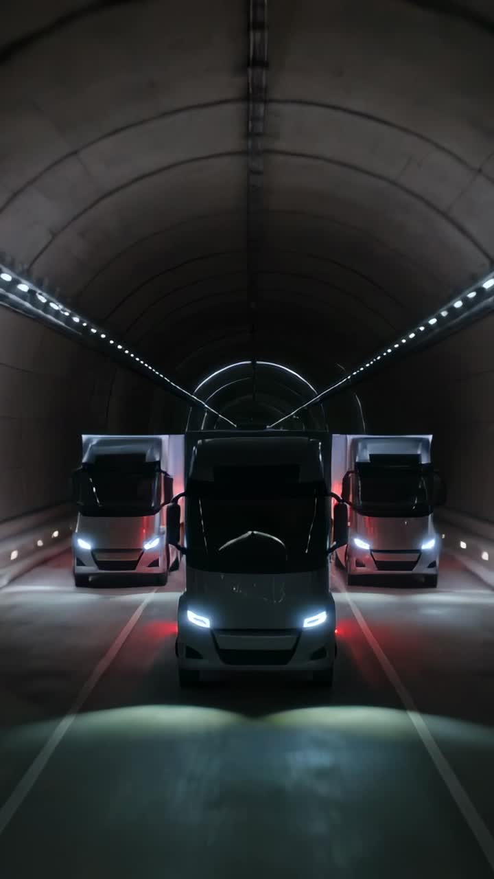 Video verticale: Telecamera che si allontana mostrando tre semirimorchi che procedono in fila in un tunnel ad arco, anelli LED.