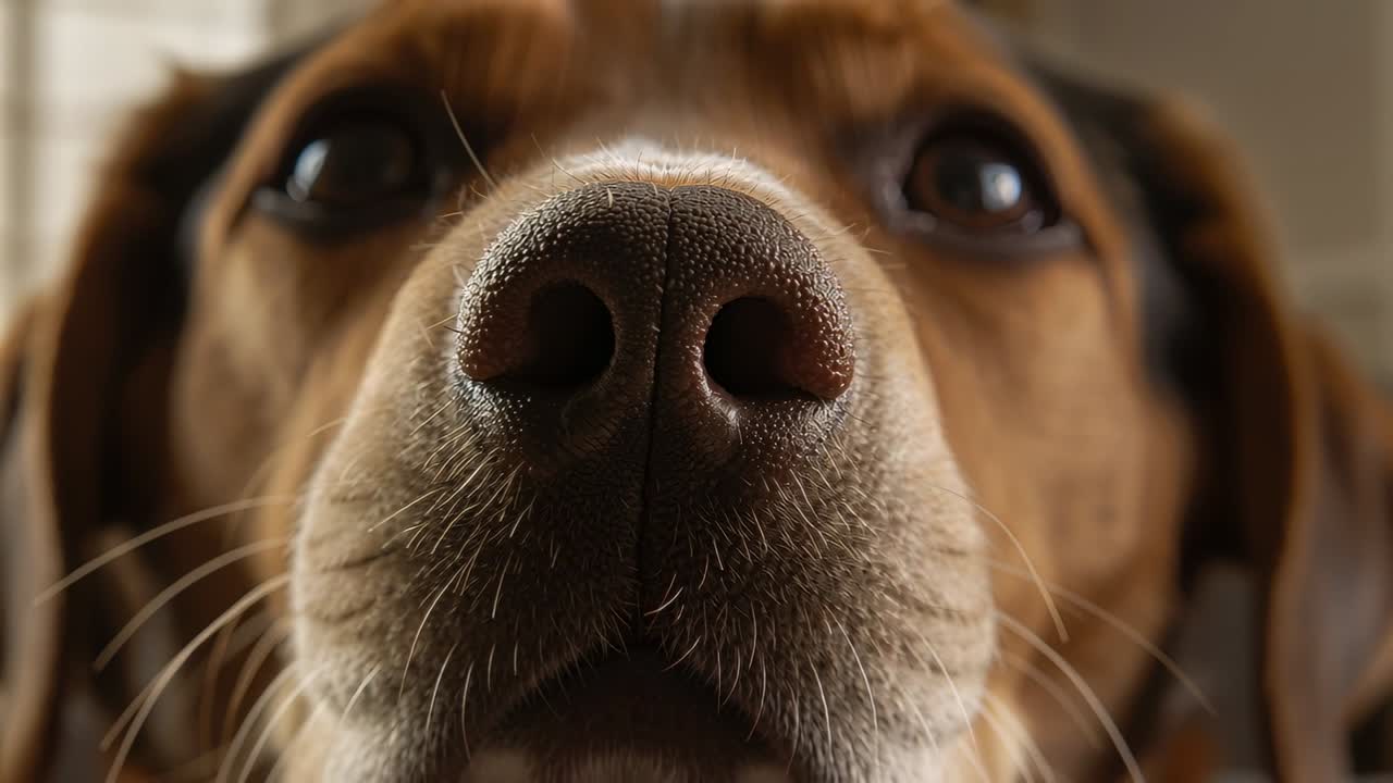 Sniffing medium brown and white hound pulling head back in living room, showing wet nose, whiskers