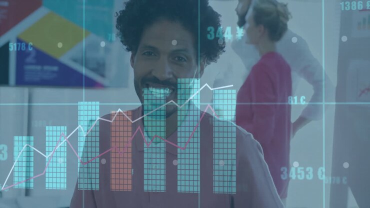 Financial data charts animation over diverse business people in office