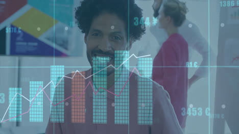 financial data charts animation over diverse business people in office