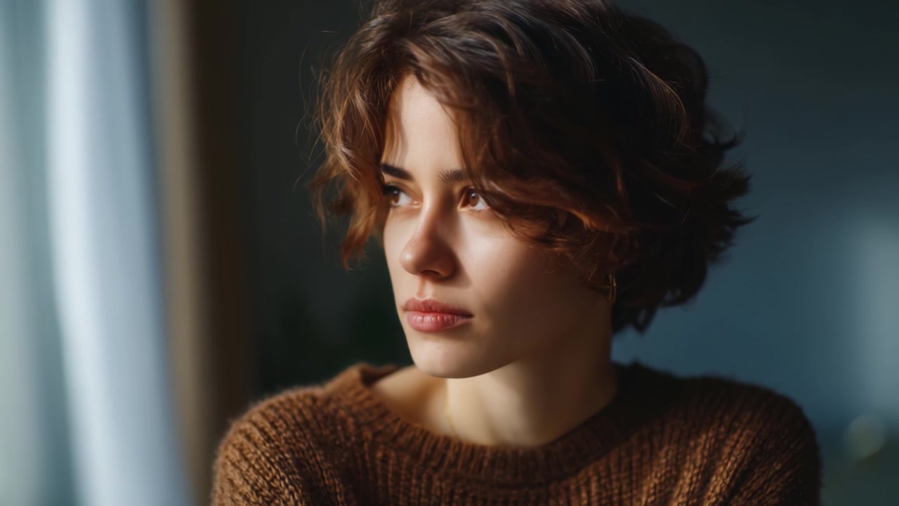 A contemplative young woman with tousled hair gazes thoughtfully out of frame in a cozy, softly lit setting, embodying a moment of quiet reflection and introspection.