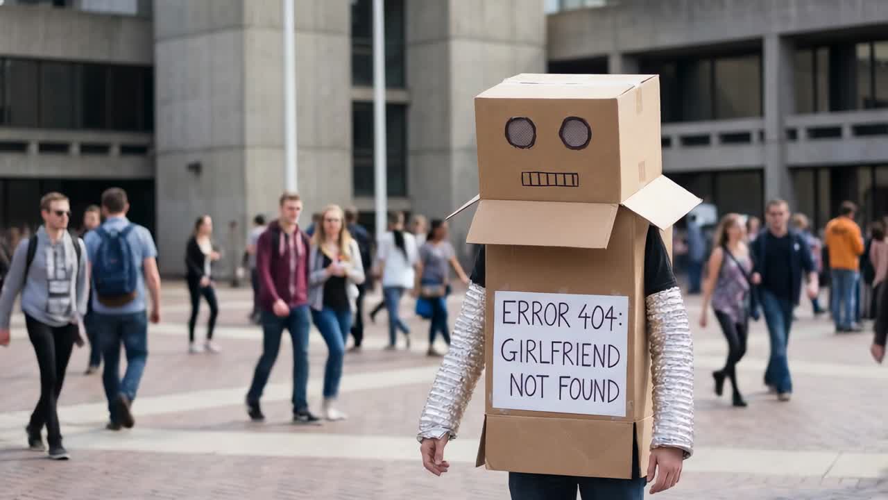 Papkasse robot der står i skjorte ærmer og holder et ERROR404 skilt på en plads mens en folkemængde går forbi for at søge opmærksomhed