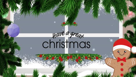 animation of have a great christmas text over fir tree and window