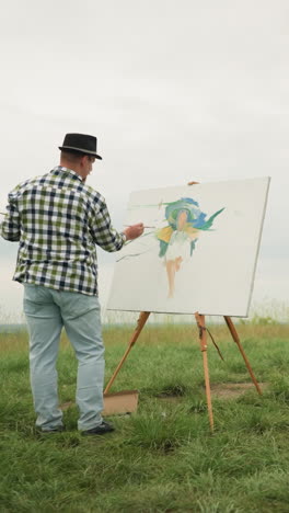 un artesano, con un sombrero y una camisa a cuadros, está profundamente enfocado en pintar en un tablero en un campo de hierba exuberante bajo un cielo nublado. delante de él, una mujer vestida con un vestido blanco y un sombreiro se sienta
