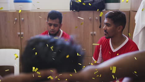 animation of confetti falling over male football players in changing rooms