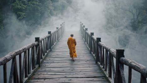 monk walking across a misty bridge