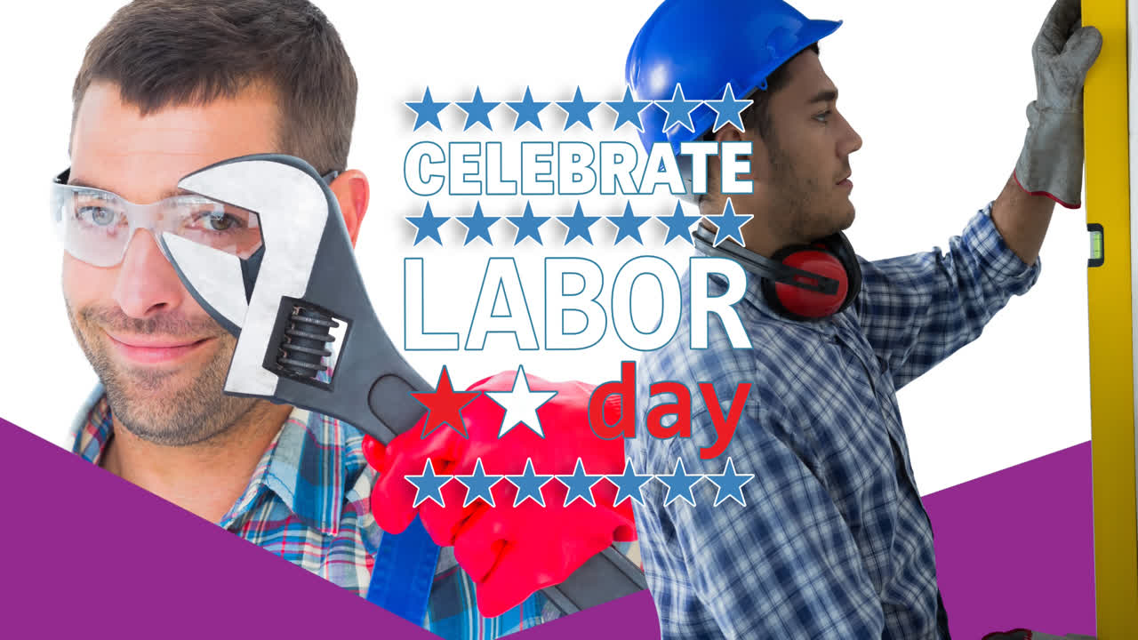 Animation of labor day text over happy caucasian male workers with tools