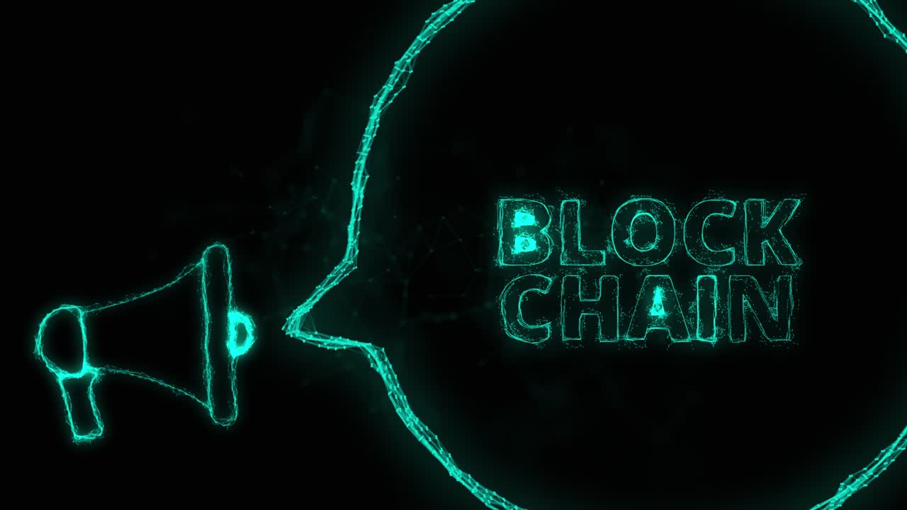 스피치 버블과 텍스트 블록 체인을 가진 메가폰 배너. 녹색 반이는 점과 선의 플렉서스 스타일