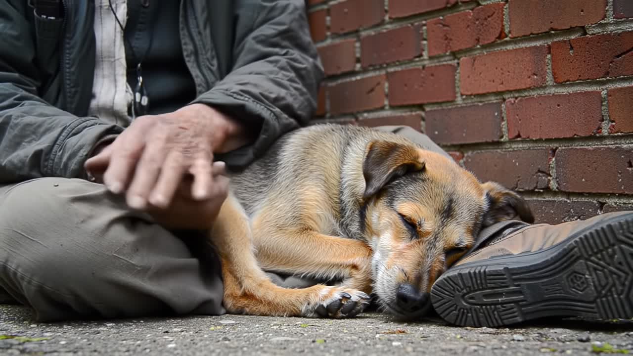 A Heartwarming Moment of Companionship: A Dog and Its Human Share a Cozy Rest Against a Brick Wall, Highlighting the Bond Between Pets and Their Owners