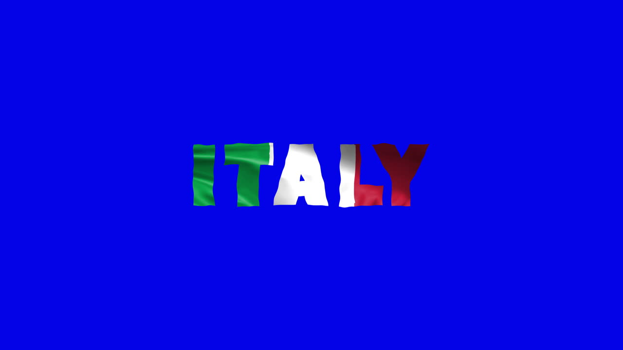 italia paese wiggle testo animazione lettere con la sua bandiera ondulata si mescolano come una consistenza - sfondo schermo blu chroma chiave loopable video