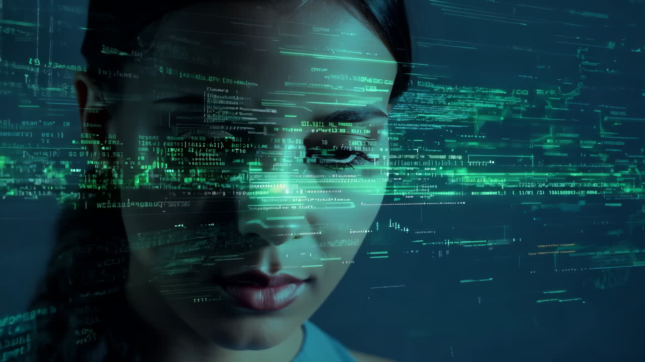 A woman is looking at a computer screen with a green screen