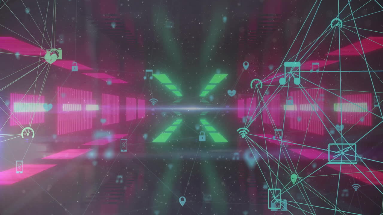 animación de la red de conexiones con iconos y conexiones de procesamiento de datos