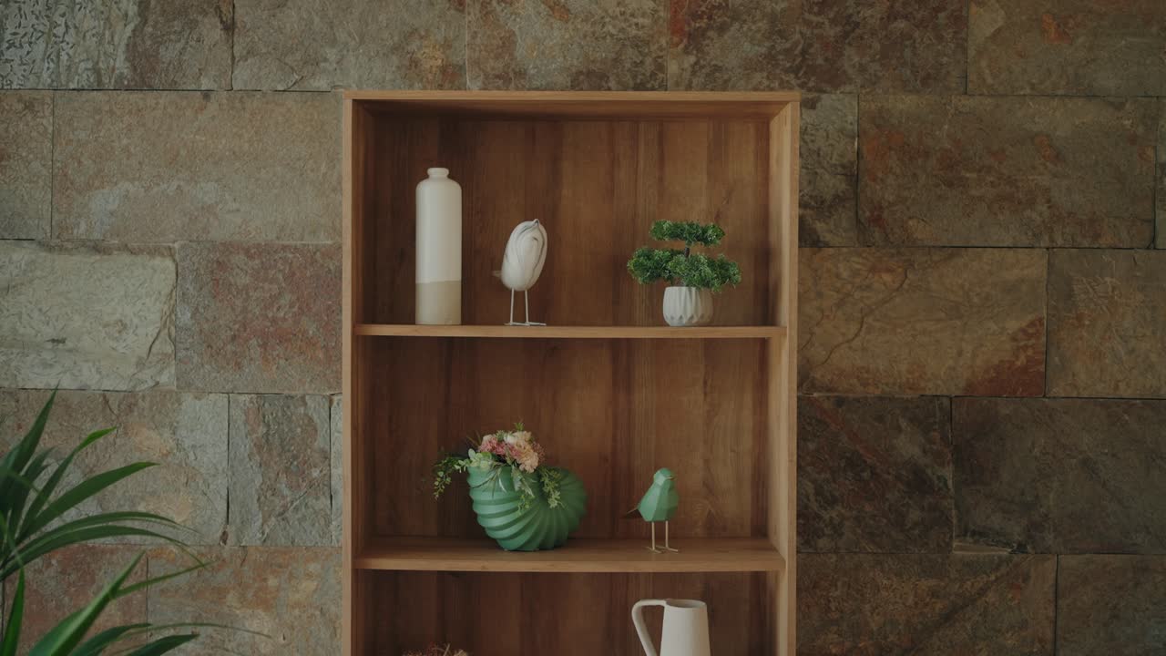 Diseño interior minimalista con estantería de madera y plantas decorativas