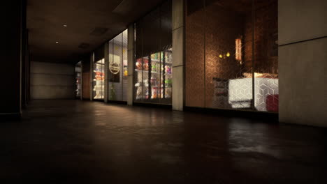 a dark and empty corridor with a row of storefronts