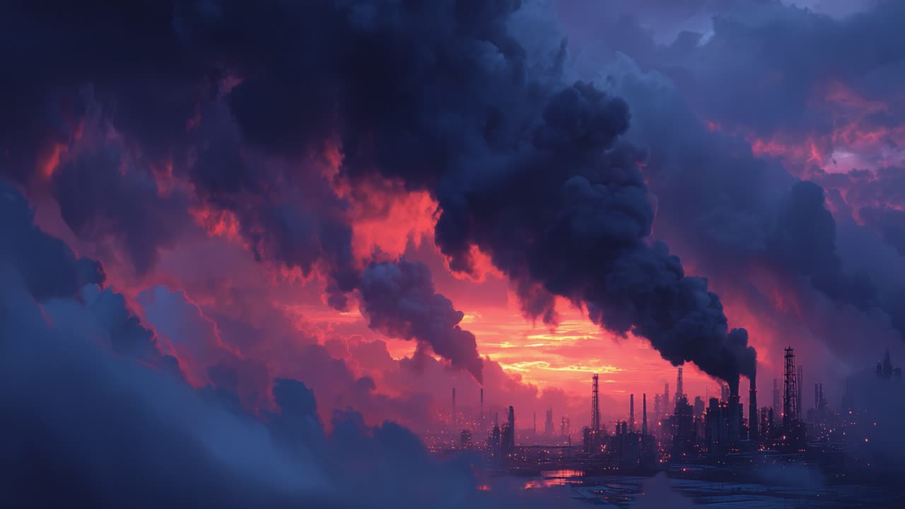 Dramatic Industrial Skyline: Captivating Scenes of Emissions at Dusk With Fiery Hues and Ominous Clouds Enveloping the Cityscape of a Bustling Factory Environment