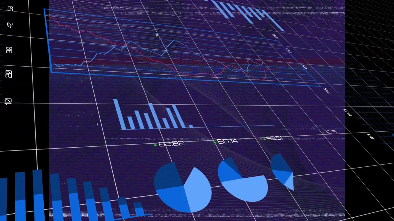 Animation af digital grænseflade over statistik og finansiel databehandling, glitch og gitter