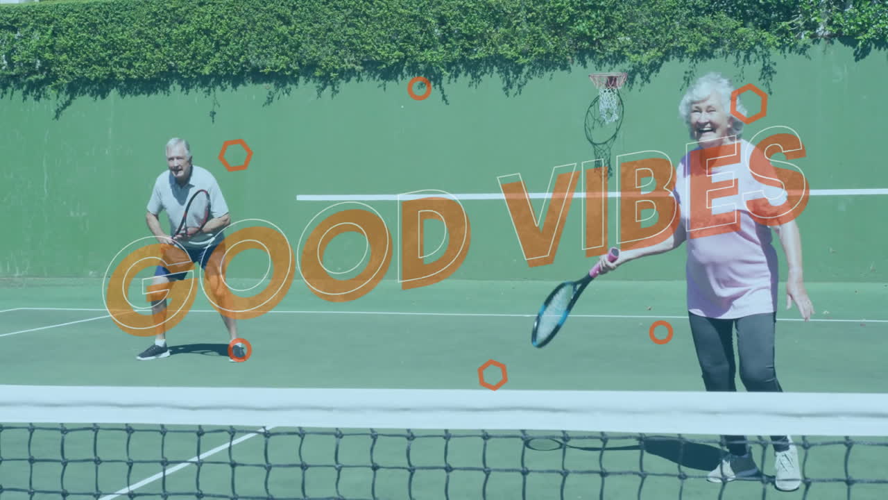 Senior couple playing tennis for fitness, with animated hexagon shapes and GOOD VIBES floating