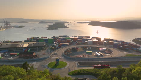 high angle aerial view of oslo container terminal at sunset