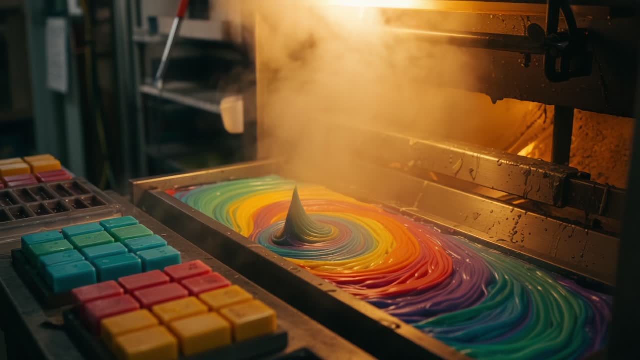 A Colorful Display of Swirling Soap: Crafting Vibrant Patterns in a Soap-Making Process with Steam and Textured Surfaces