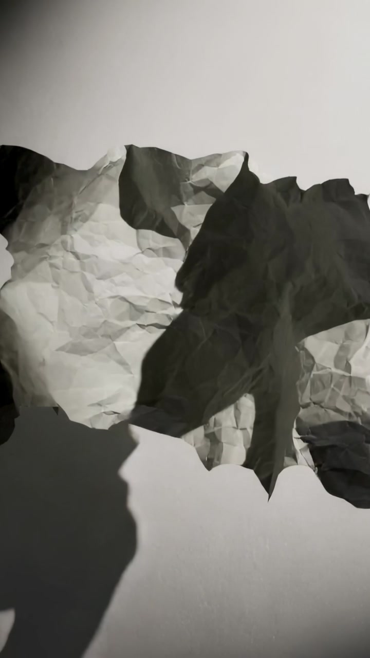 Vertical video: Shifting camera showing crumpled paper torn edges on white surface, exposing voids