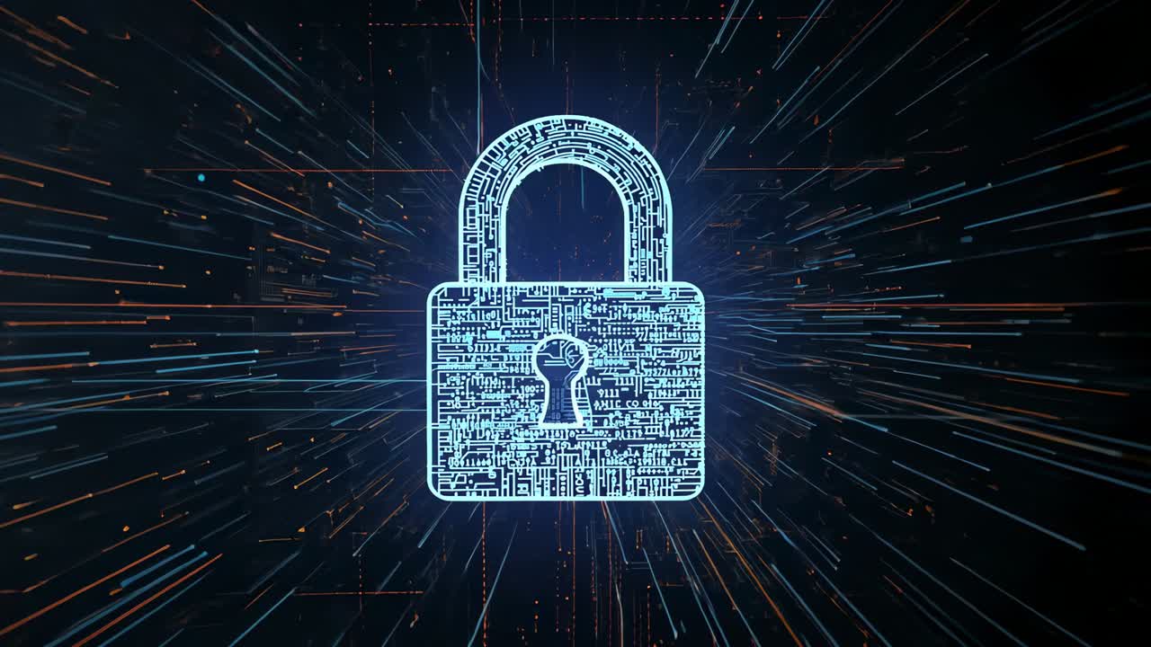 Appearing neon-blue circuit-patterned padlock streaming across grid in void, pulsing for security