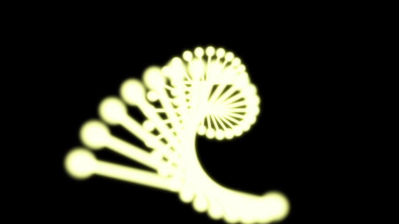 animación 2d de adn brillante compuesto de partículas en un fondo negro. 60fps. el objeto está en el centro de la pantalla y gira irregularmente.