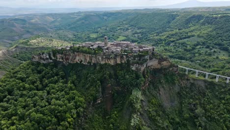 aerial over the hilltop village of civita di bagnoregio, province of viterbo, italy