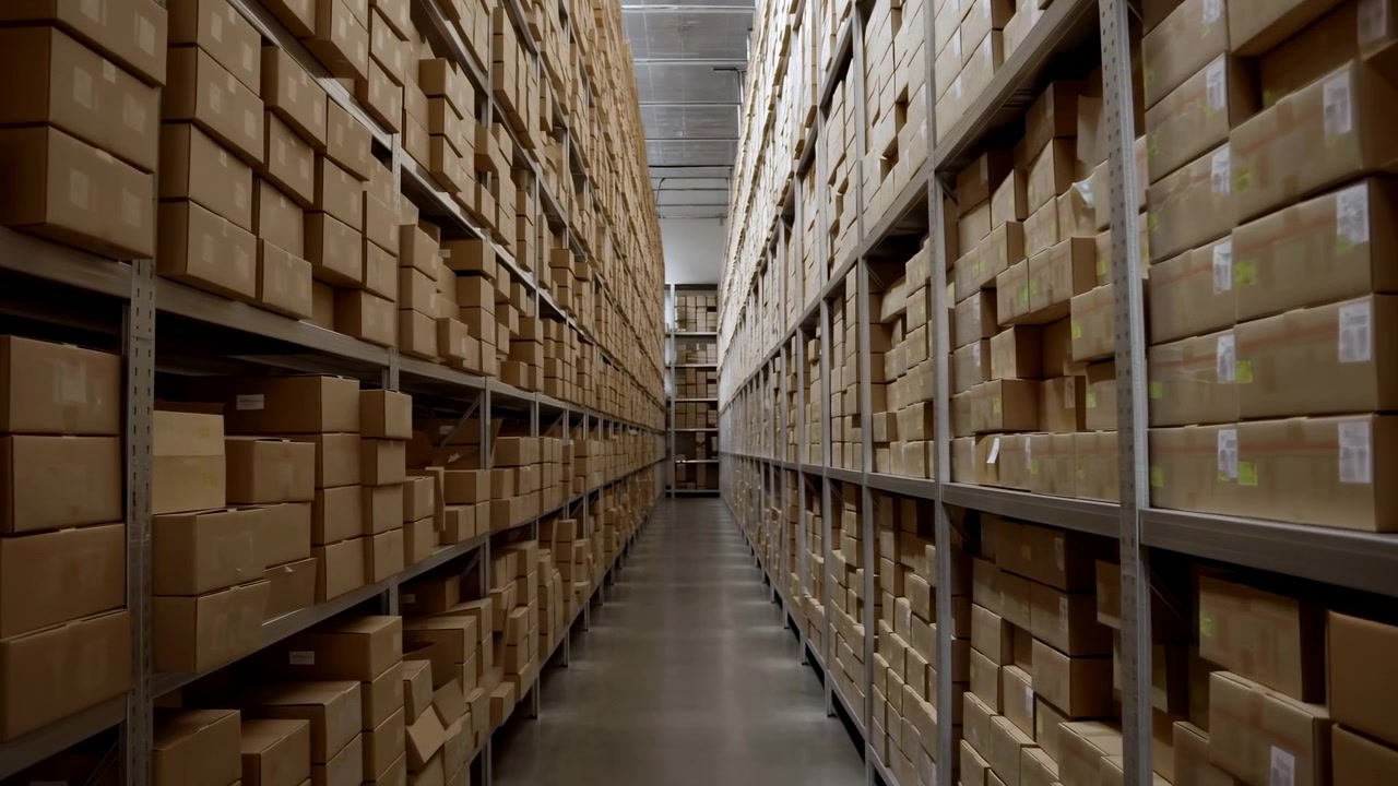 Un'inquadratura grandangolare dell'interno di un magazzino industriale con scatole di cartone e scaffalature metalliche, creando un'atmosfera neutra con toni marroni e grigi. Questa scena è ideale.