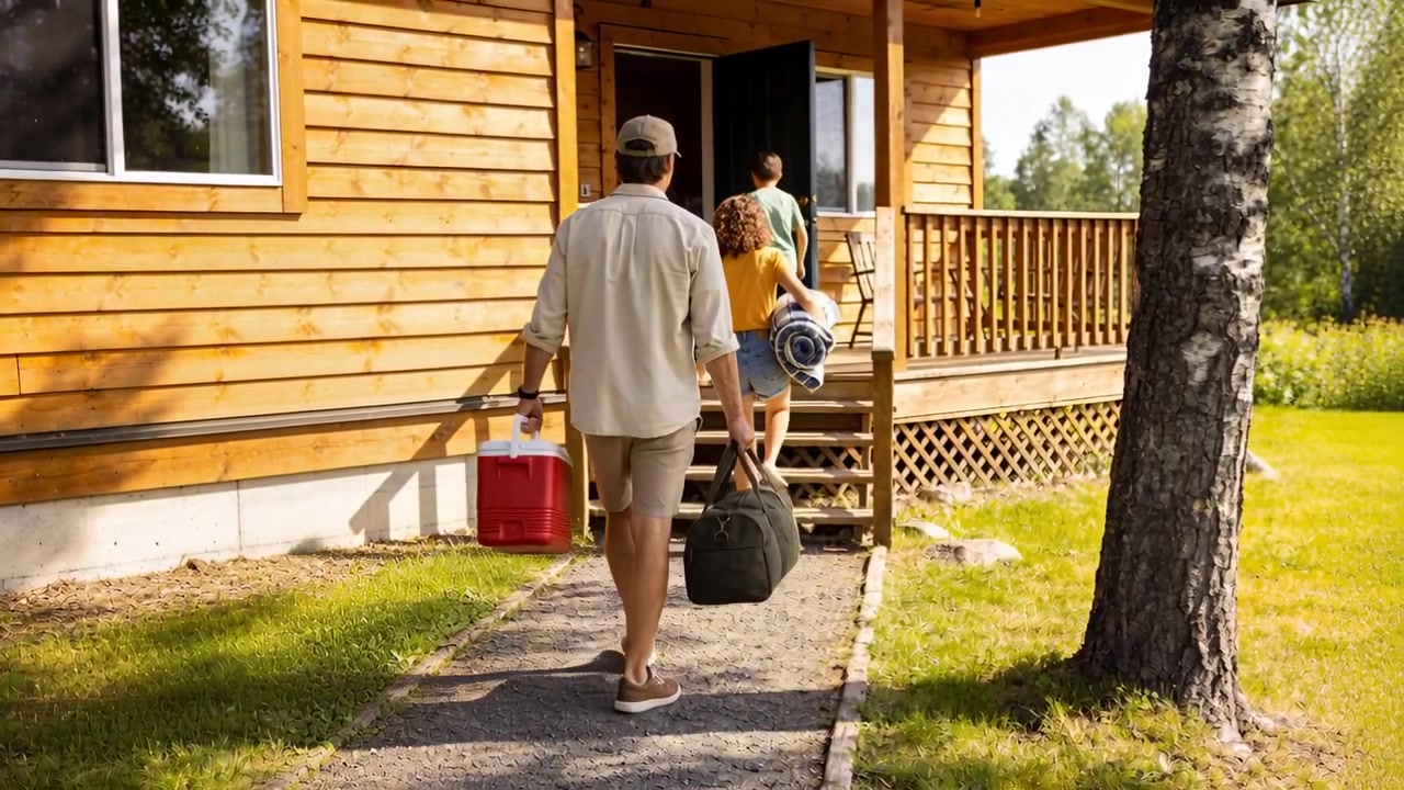 Walking family prompted by open door, cap man and yellow-top woman entering cabin with red cooler