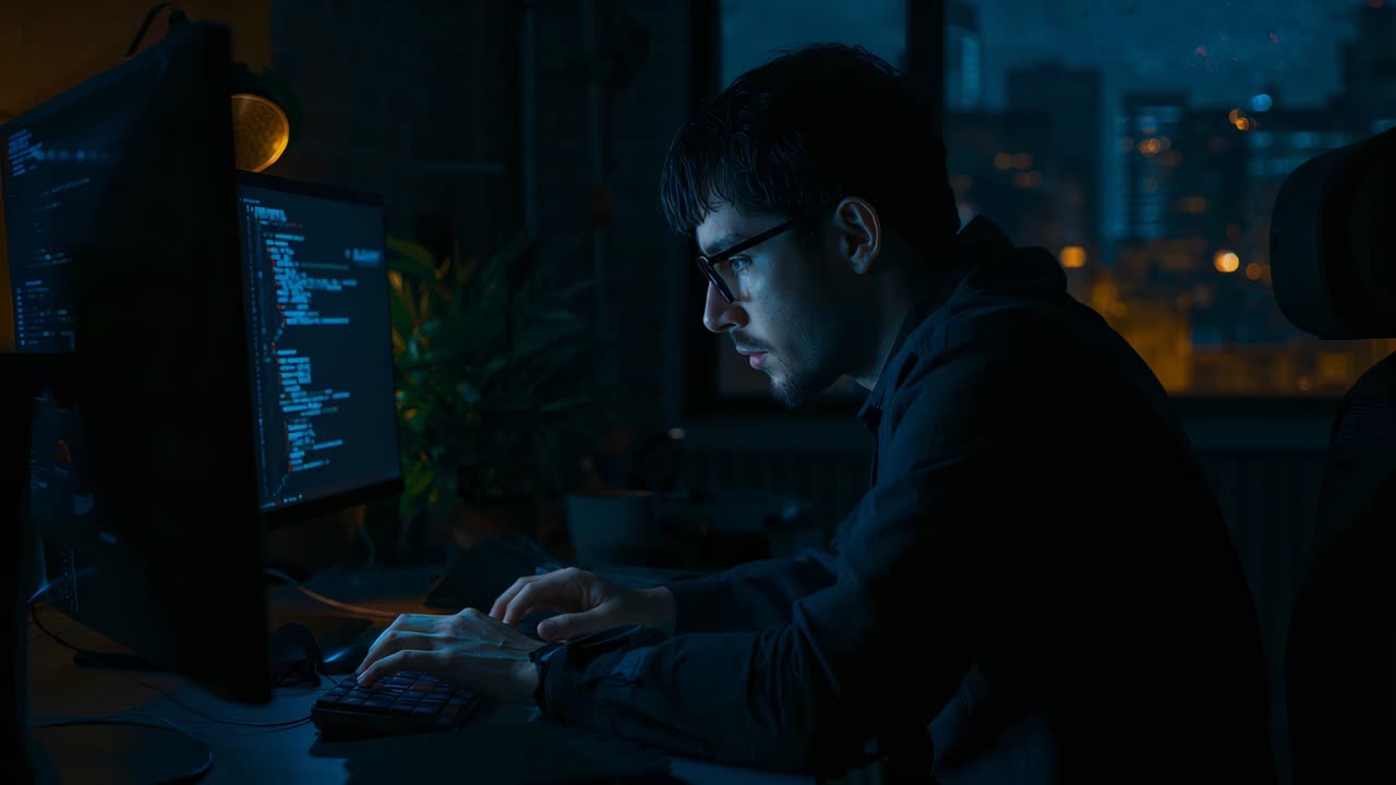 Typing dev in hoodie, glasses at home office, reading code on screen, pausing, looking at viewer