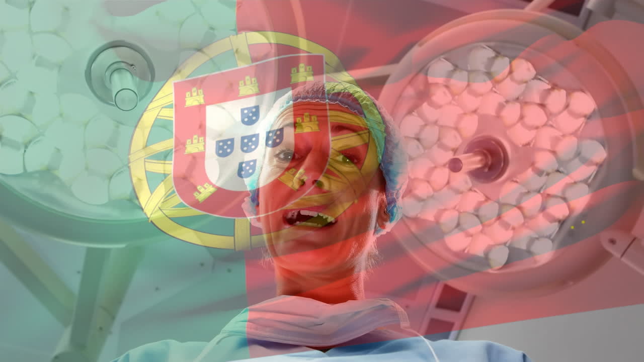 animación de la bandera de portugal ondeando sobre el anestesiólogo en el quirófano